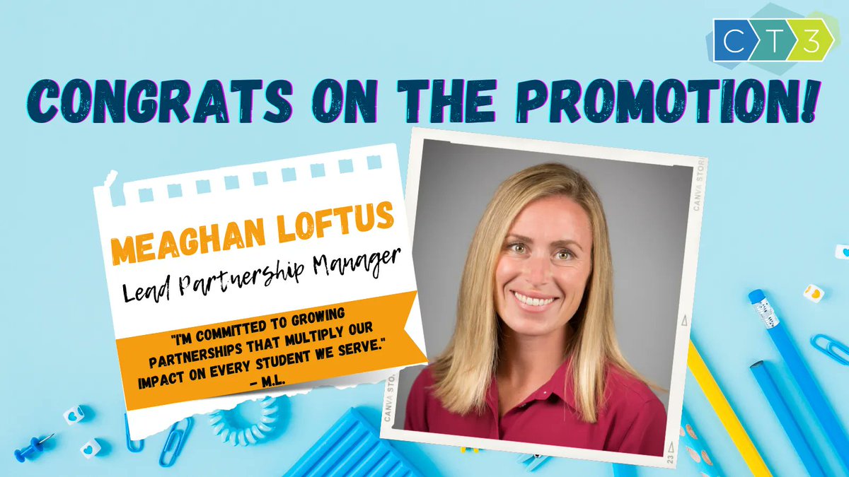 CT3Education's tweet photo. Congrats to Meaghan Loftus on becoming a Lead Partnership Manager! We know you will make a lasting impact on partner schools with your incredible leadership.
Read about all of the promotions here: https://t.co/hHCvGAIRVk
#team #promotingfromwithin #CT3Ed #MakeItHappenMonday https://t.co/vMJnxa2mGt