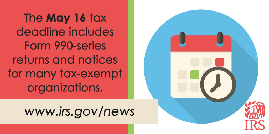 IRStaxpros's tweet photo. #IRS reminder: May 16 tax deadline includes Form 990-series returns and notices for many tax-exempt organizations. Learn more: https://t.co/xKOtR6iY9S https://t.co/PBBDp3Gf0j