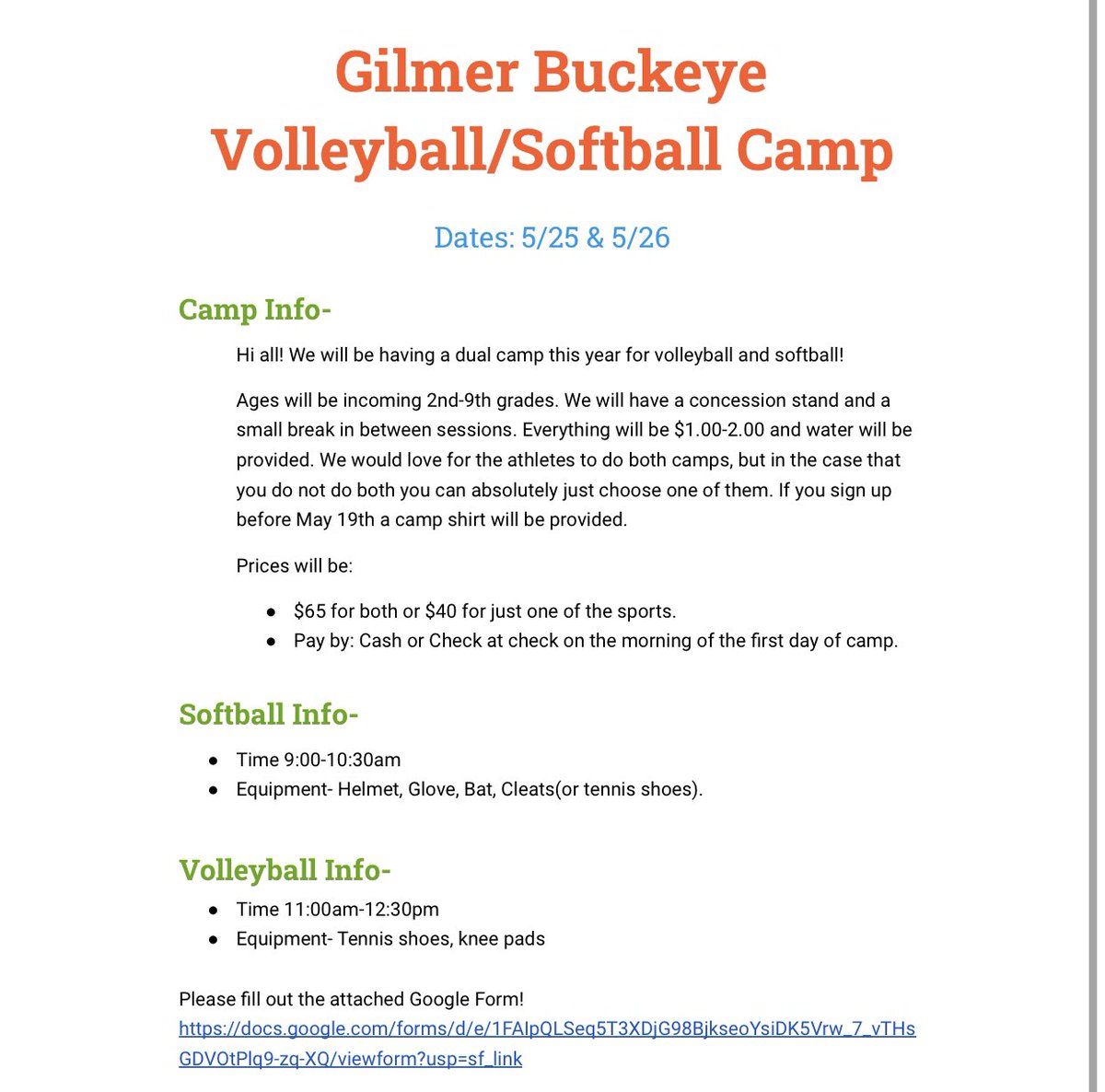 SoftballBuckeye's tweet photo. Information for our Volleyball/Softball camp! Attached is the link for the Google form!! 
Send your kids to come have some fun and learn a lot! 🟠🥎🏐⚫️

https://t.co/MQqLlRmPP6 https://t.co/FJ6e7VLQUF