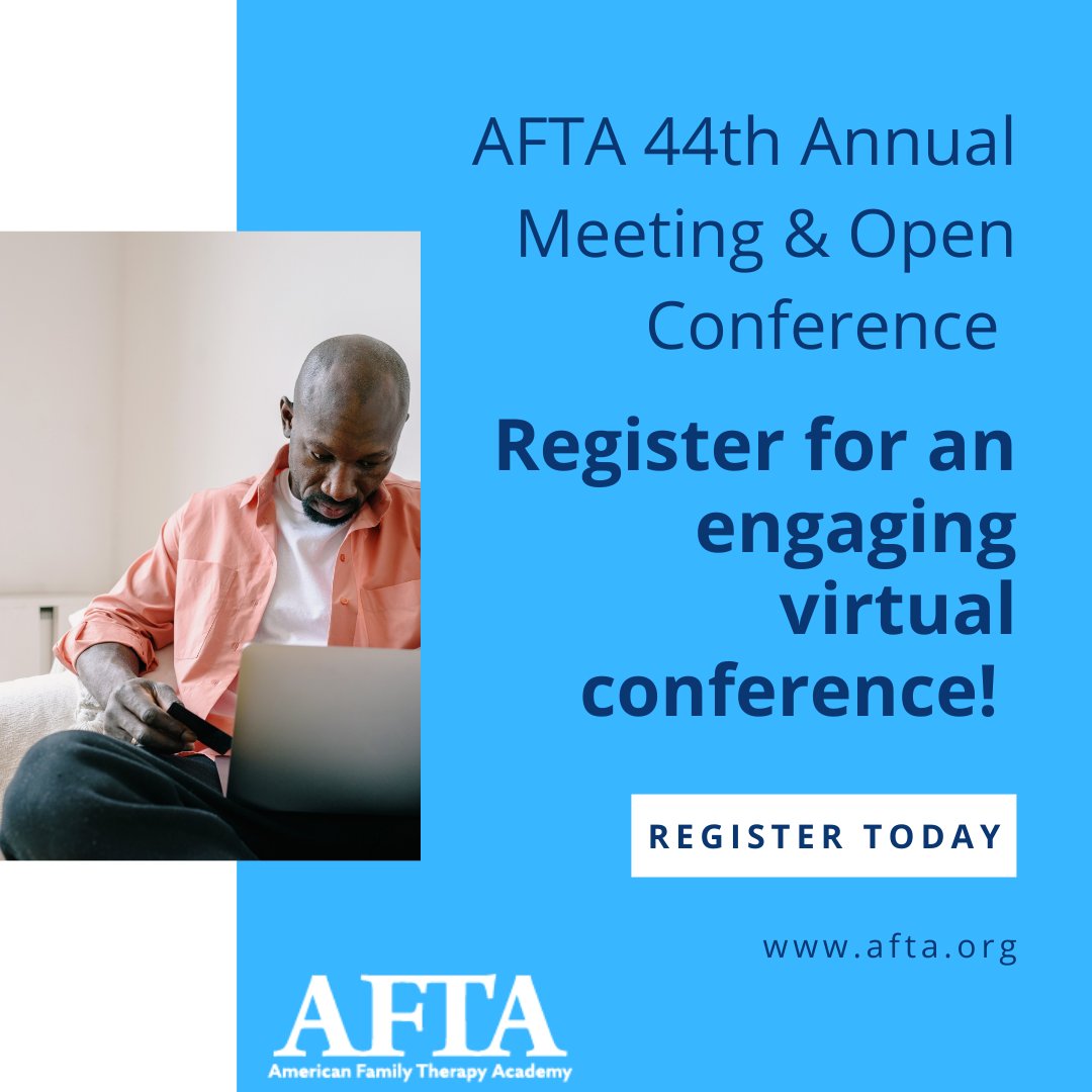 The 2022 Annual Meeting &amp; Open Conference is now fully virtual. Join us online to connect and engage with colleagues from all over! #afta #familytherapy #2022aftaconference #afta44thannualmeetingandopenconference #virtualconference