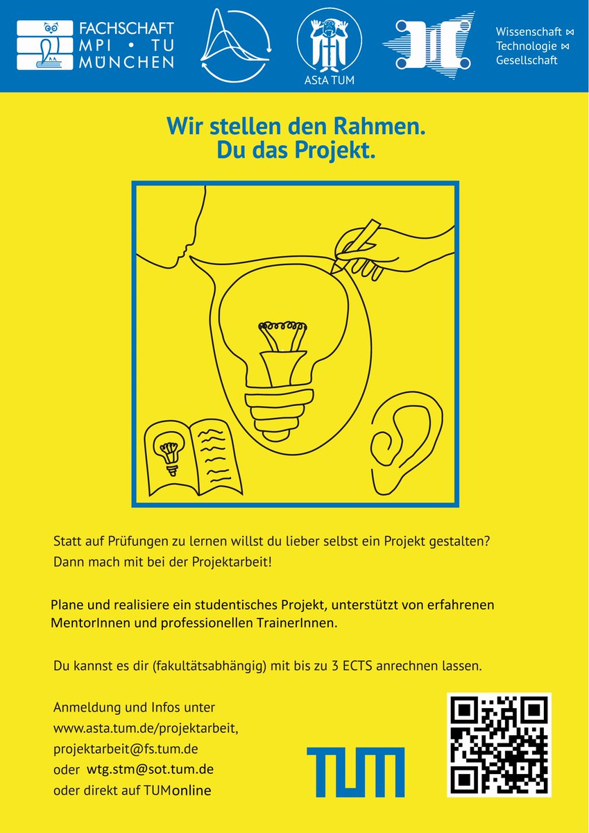 Kennt ihr schon die Möglichkeit von Projektarbeiten, die sogar mit 3 ECTS bewertet werden?

Infos und Details findet ihr unter: sot.tum.de/wtg/tuminspiri…

#sv4tum #asta #tum #tumuenchen #projekt #projektarbeit