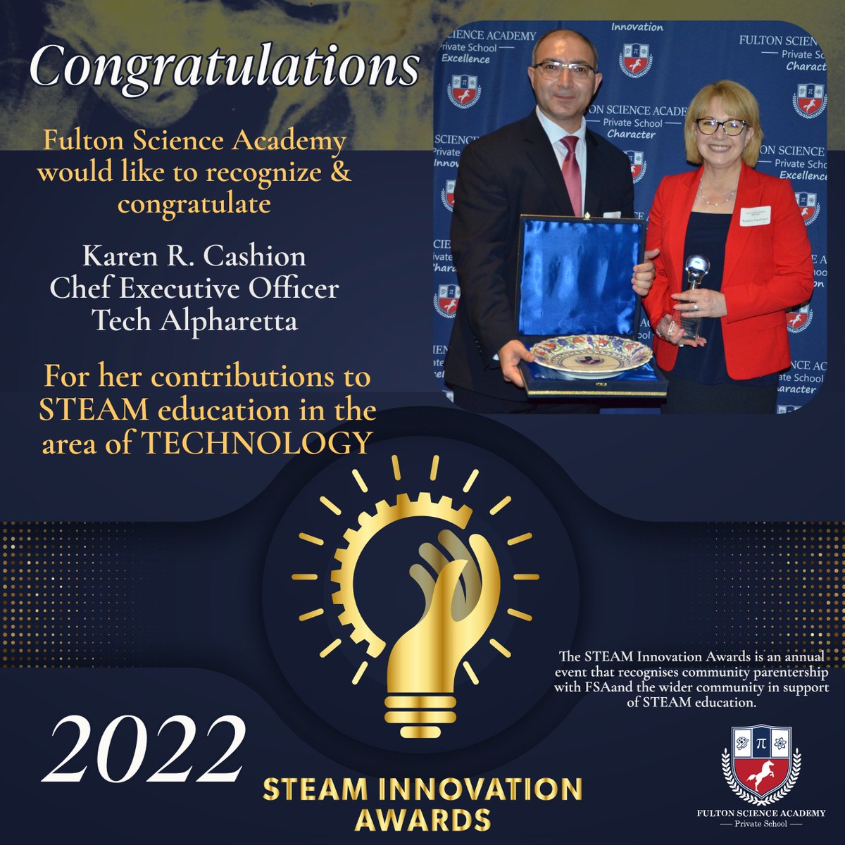 FSAPrivate's tweet photo. At the 2nd Annual Fulton Science Academy STEAM Innovation awards (2022) held on May 4th, various community members were recognized for their contributions to STEAM education#technology #STEAMeducation #innovation #fultonscienceacademy @karencashion @tech_alpharetta https://t.co/SNdahuBUZP