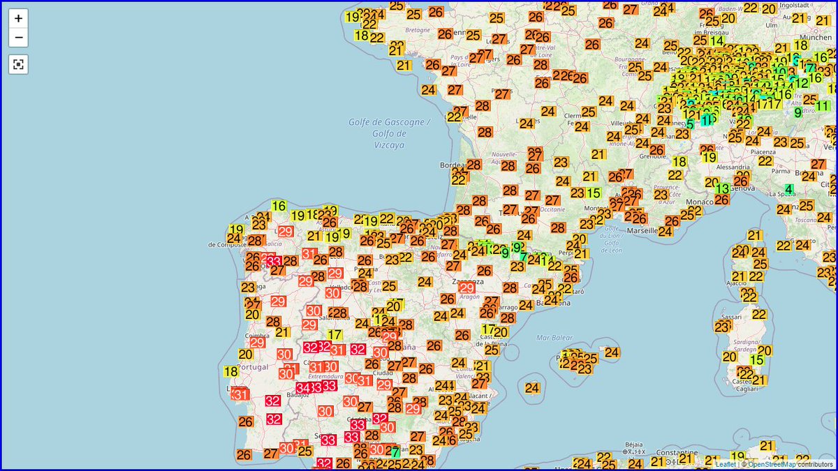 Jusqu'à 34°C à Badajoz en Espagne ce lundi et 30°C dans le centre de Bordeaux en France.
A noter les premiers 40°C au Maroc (à Marrakech et Guelmim).
Carte Ogimet 