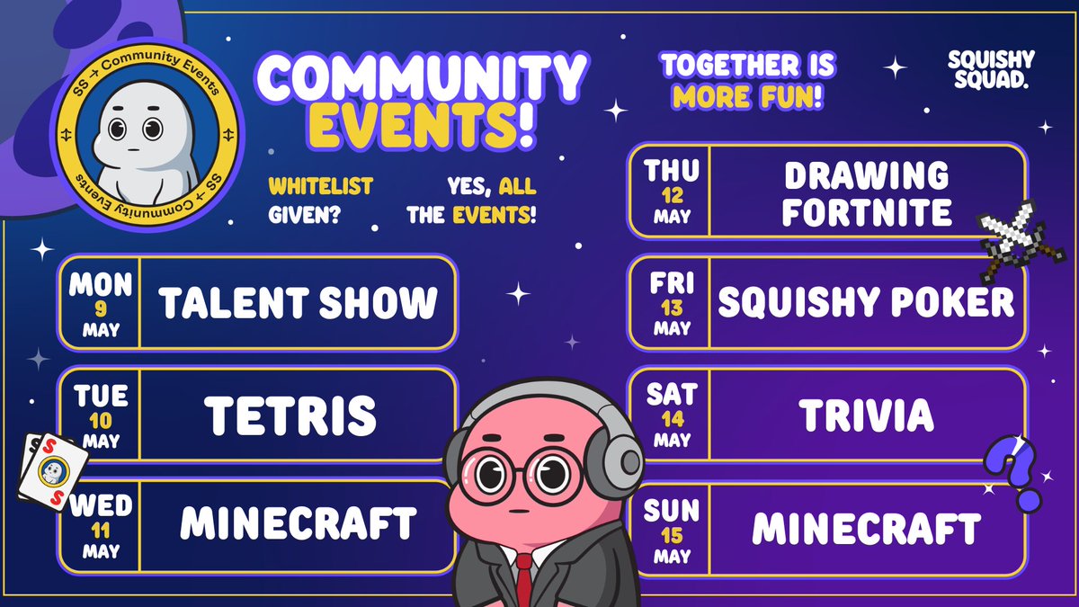 PortlockLabs's tweet photo. 🔥 Squishy Event Calendar 🔥
Come on down to the Squishy Squad discord server! Join us and play fun games, make new friends, and win whitelist spots! May the odds be ever in your favor 🎉 https://t.co/JbjzRUyhNn