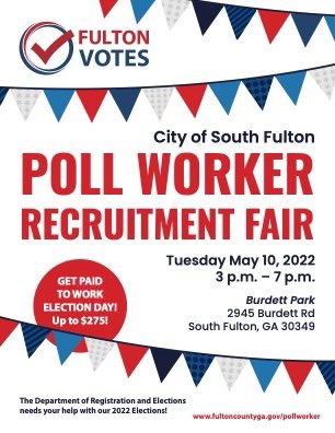 ReevesCOSF5's tweet photo. NOW HIRING SOUTH FULTON POLL WORKERS!
Get paid up to $275/day to ensure South Fulton has fair &amp; safe elections. 

Come IN-PERSON

Tuesday, May 10 from 3-7PM
3PM: Q&amp;A / 4-7PM Poll Worker Sign-Up
Burdett Park
2945 Burdett Road
Can't make it?
APPLY: https://t.co/5zFeKgCSiO https://t.co/TC5tWmziR6