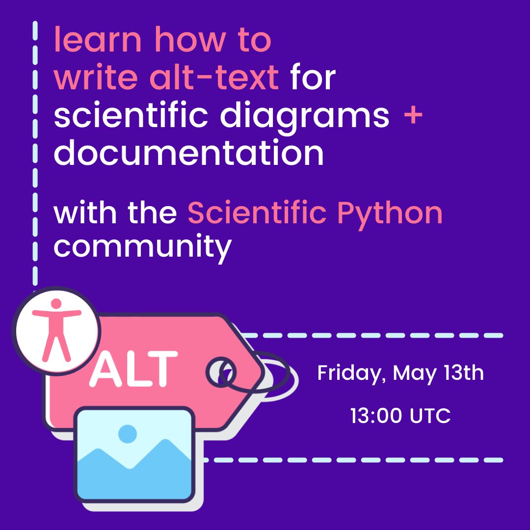 scientific_py's tweet photo. Help us make open source Scientific Python more accessible! Join our workshop ✍️with @marsbarlee, @PamphileRoy and @isabelapf2 where we will learn how to add image descriptions 🖼️ to blogposts, documentation and diagrams📈. For more information check out https://t.co/v2BF8f4HNx https://t.co/YkJCGRHps0