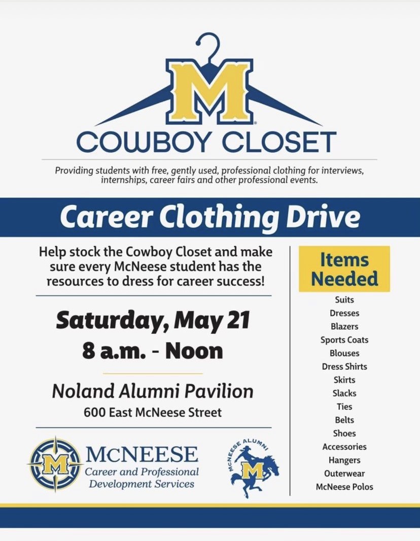 Please join us by donating new - gently/lightly used items to our new Cowboy Closet. This is a great excuse to clean out that closet and donate😃! Please spread the word 
#GeauxPokes 🤠