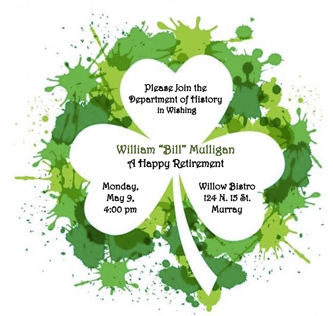 MurrayStateHist's tweet photo. Please join us today (Monday 9 May) at 4PM at the Willow Bistro to recognize all of Dr. Mulligan’s achievements! https://t.co/rQIhq5cs0C