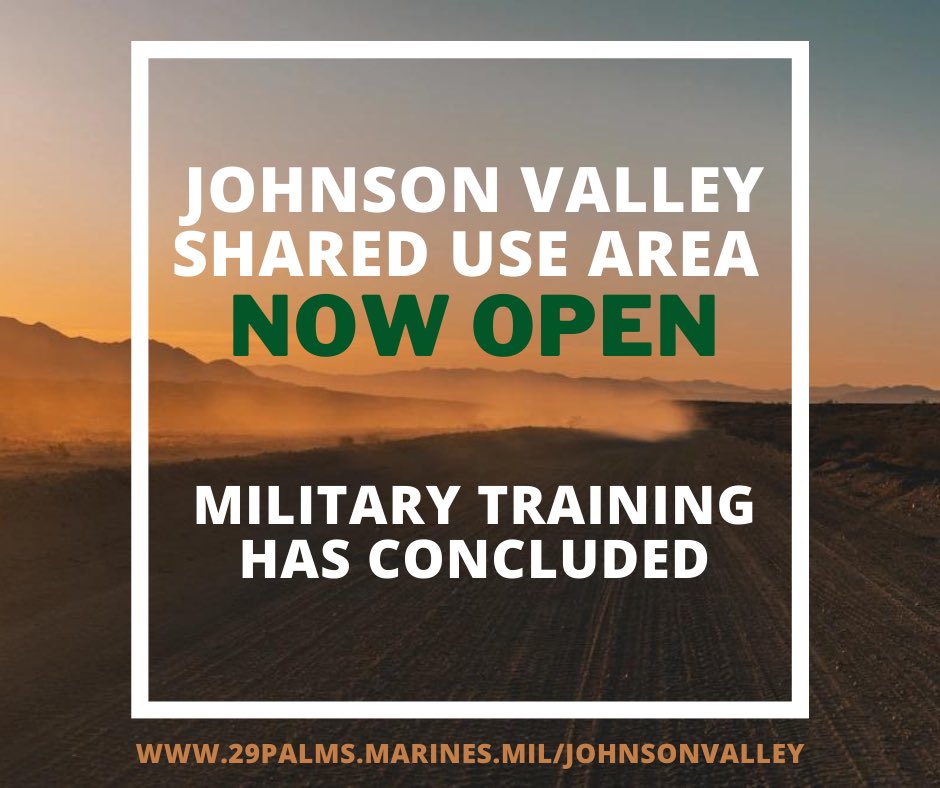 The Marine Corps has concluded training in the Johnson Valley Shared Use Area and the area is now OPEN to the public!

#johnsonvalley #resourcemanagementgroup #thecombatcenter #mcagccgea #militarytraining #johnsonvalleysharedusearea