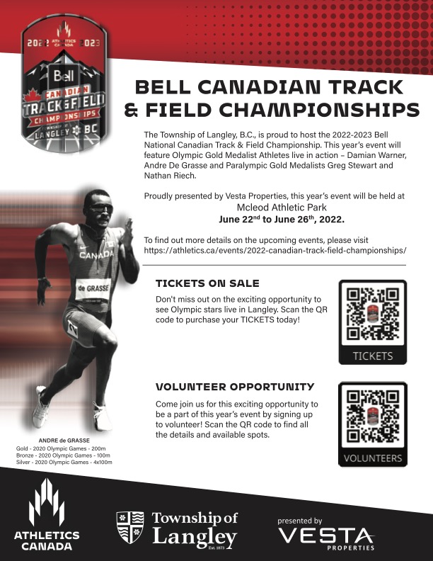 Want to join us at the Bell Canadian Track and Field Championships in the Township of Langley this year? As a viewer, or even a volunteer? 

Follow these QR codes below for more information. 

Alternatively, check out our event page here: athletics.ca/events/2022-ca…