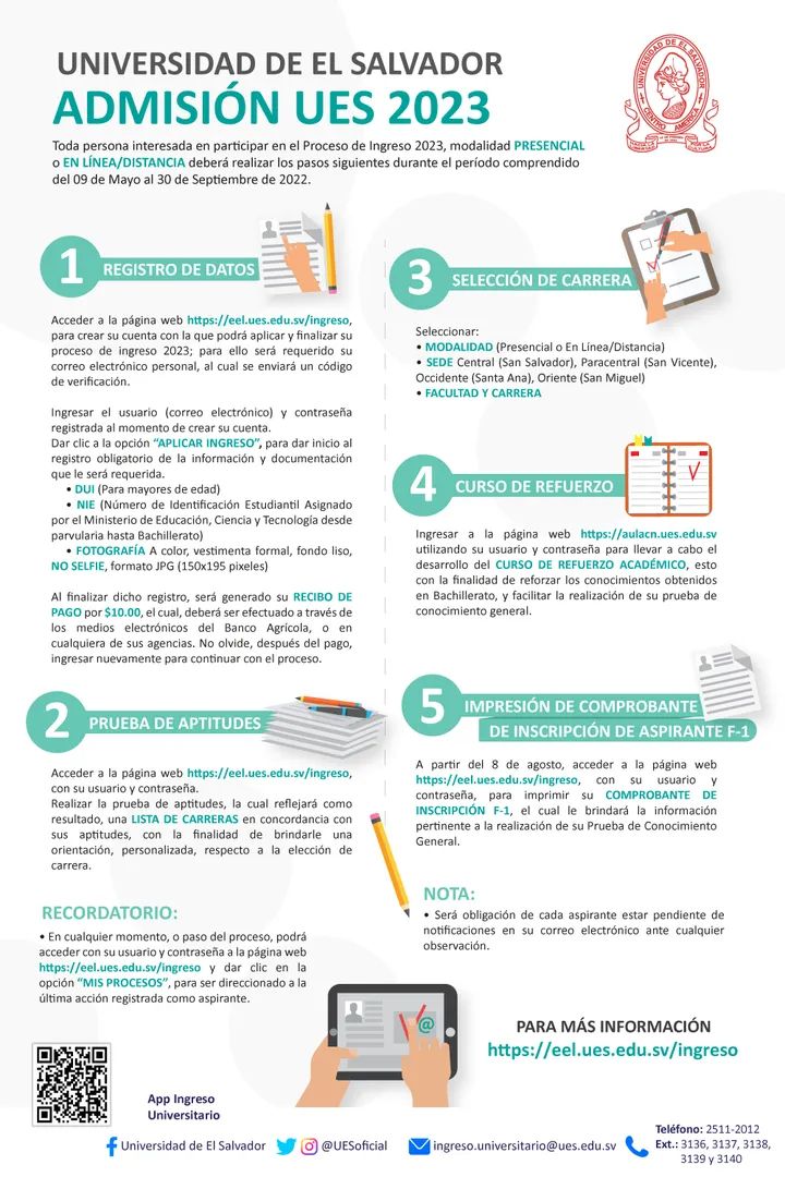 #IngresoUES2023
#FacultadDeMedicinaUES

📸 | La <a href="/UESoficial/">Universidad de El Salvador - UES</a>
presenta la convocatoria del proceso de Nuevo Ingreso 2023

💻🔗 Cabe mencionar que el enlace mencionado en la publicación es: eel.ues.edu.sv/ingreso
📌