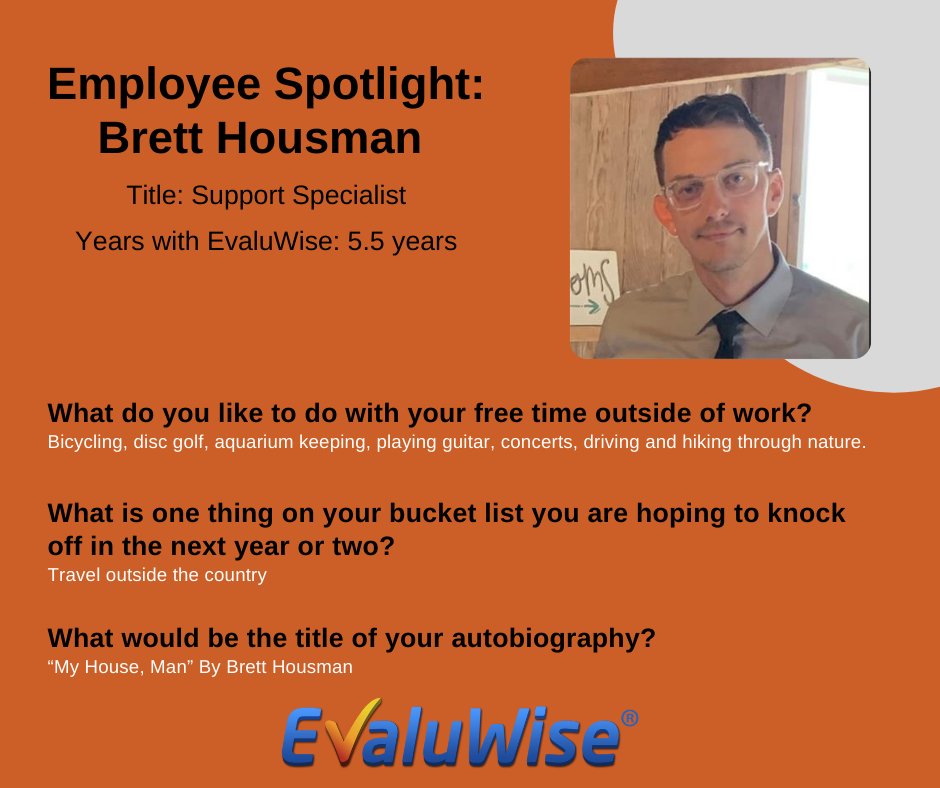 EvaluWise's tweet photo. Brett is an integral part of the #EvaluWise team! But what does he like to do outside of work?

Learn a little more about him in this month's employee spotlight! https://t.co/Huyko7jm1q
