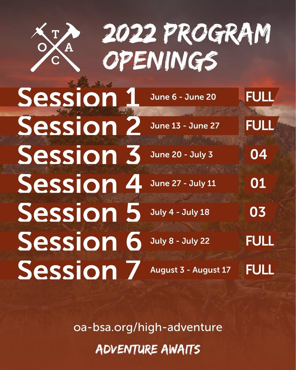 OAHA's tweet photo. This week's OAHA session openings this weekend. Learn more and sign up for your adventure of a lifetime this summer at https://t.co/5DlD7ySX8g #AdventureAwaits #OAHA #ChooseOA #OABSA https://t.co/9oV03gmcV5