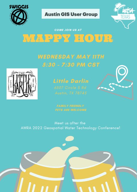 *Join us for our May MAPPY HOUR of 2022 at Little Darlin after the <a href="/AWRAHQ/">Am Water Res Assn</a> 2022 Geospatial Water Technology Conference](awra.org/Members/Events…) for some casual networking and great brews.**

urisatexas.org/event-4805261

#AWRA2022