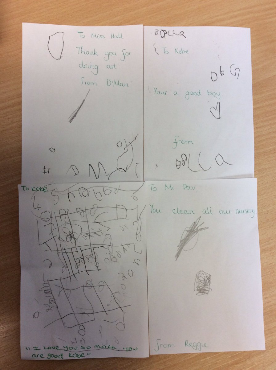 khpa_d's tweet photo. In Nursery 3 we thought about people who help us in school. Then we wrote thank you letters to show them how much we appreciate them. Here are some for Kobe our school dog, Miss Hall and our caretaker. @KhpaPrincipal @KHPA_Nursery @KhpaMissHall @d_khpa #ckc #importantpeople https://t.co/2umfykXlUA