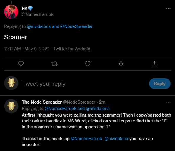 NodeSpreader's tweet image. Thank you @NamedFarouk for helping me identify the scammer