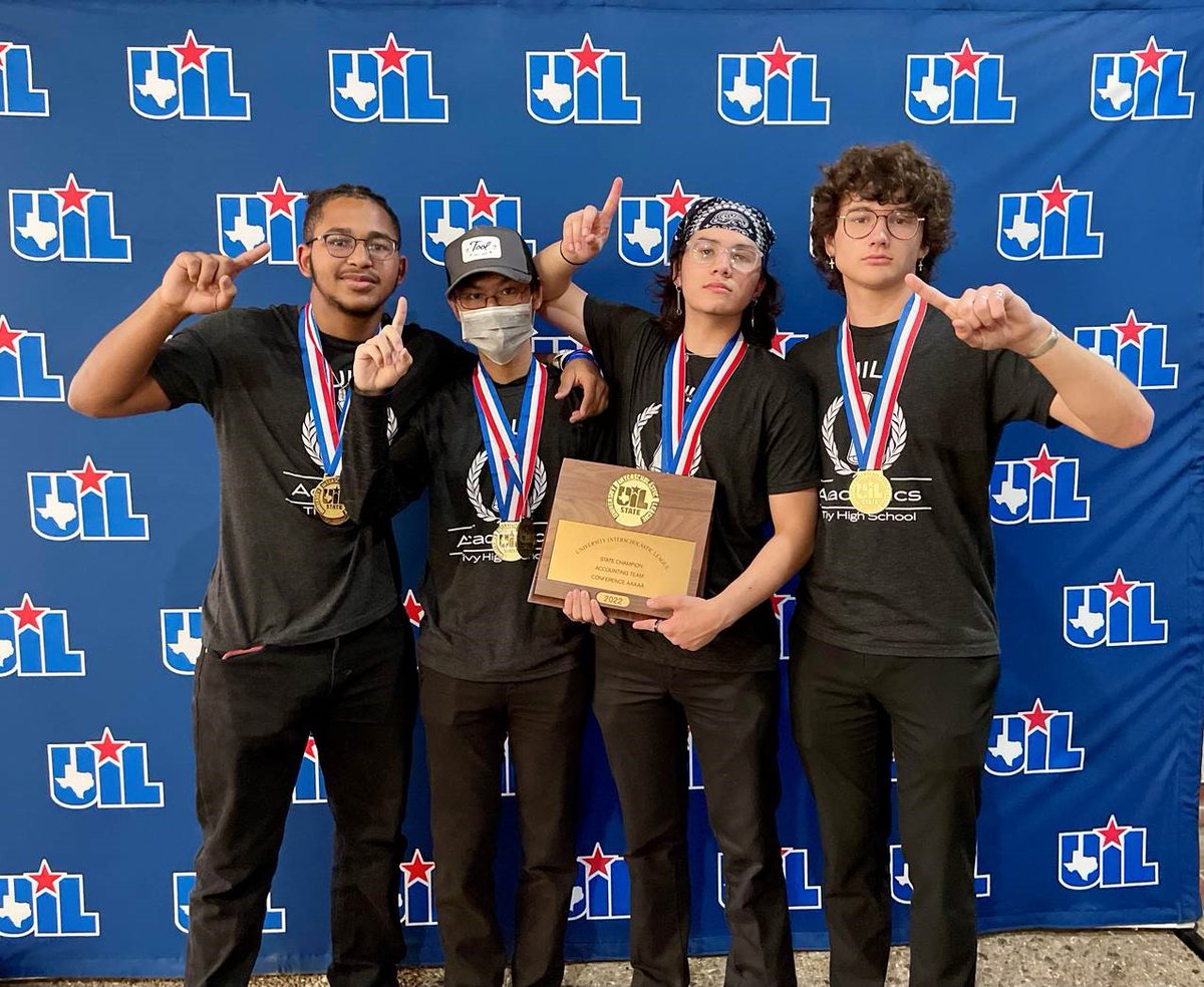 Congratulations to the <a href="/TIVYHS/">Tivy HS</a> Accounting Team for winning the STATE UIL TITLE this past weekend! 
Individually, Diego Suarez placed 2nd, Ricky Quach placed 3rd, Jacob Flores placed 5th, and Mickey Sawyer placed 15th. 
Congrats to Mrs. Vecchio &amp; the Accounting Team! 
#KISDBest