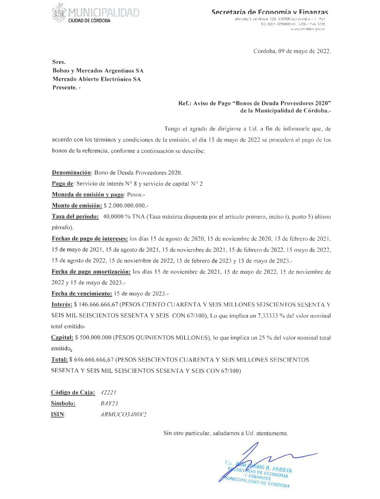Sickboy_Galpon's tweet photo. Aviso de pago Binis de Deuda Proveedores 2020 de la Municipalidad de Còrdoba. #BAY23 https://t.co/m5jiGclpUD