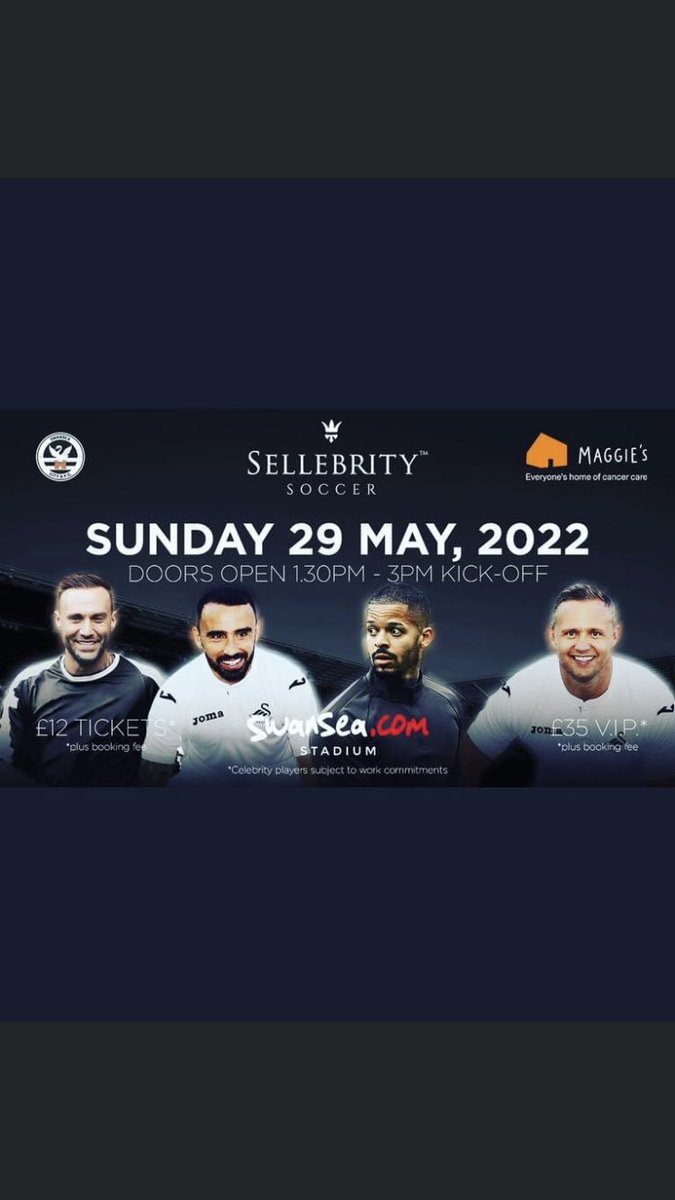 All in aid of maggies cancer Charity and also in memory of nev Wilshire who sadly passed away, he previously played in sellebrity uk matches helping raise money for different charities. Tickets can be purchased by clicking the link. Thanks
swanseacity.com/news/sellebrit…