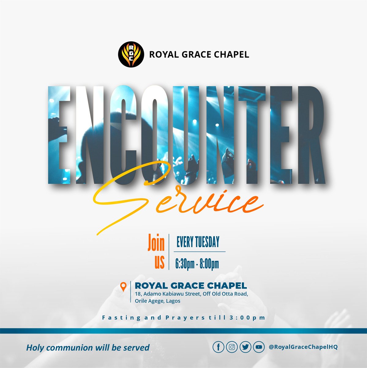 royalgracech's tweet photo. Join our Tuesday ENCOUNTER SERVICE experience at 6.30pm-8:00pm.
18 Adamo Kabiawu Street, off Old Otta Road, Orile-Agege, Lagos. 
Come expectant.

#royalgracechapel #encounter #midweekservice #JohnJoseph #church #teachings #word #communion https://t.co/B7LhOReqGA
