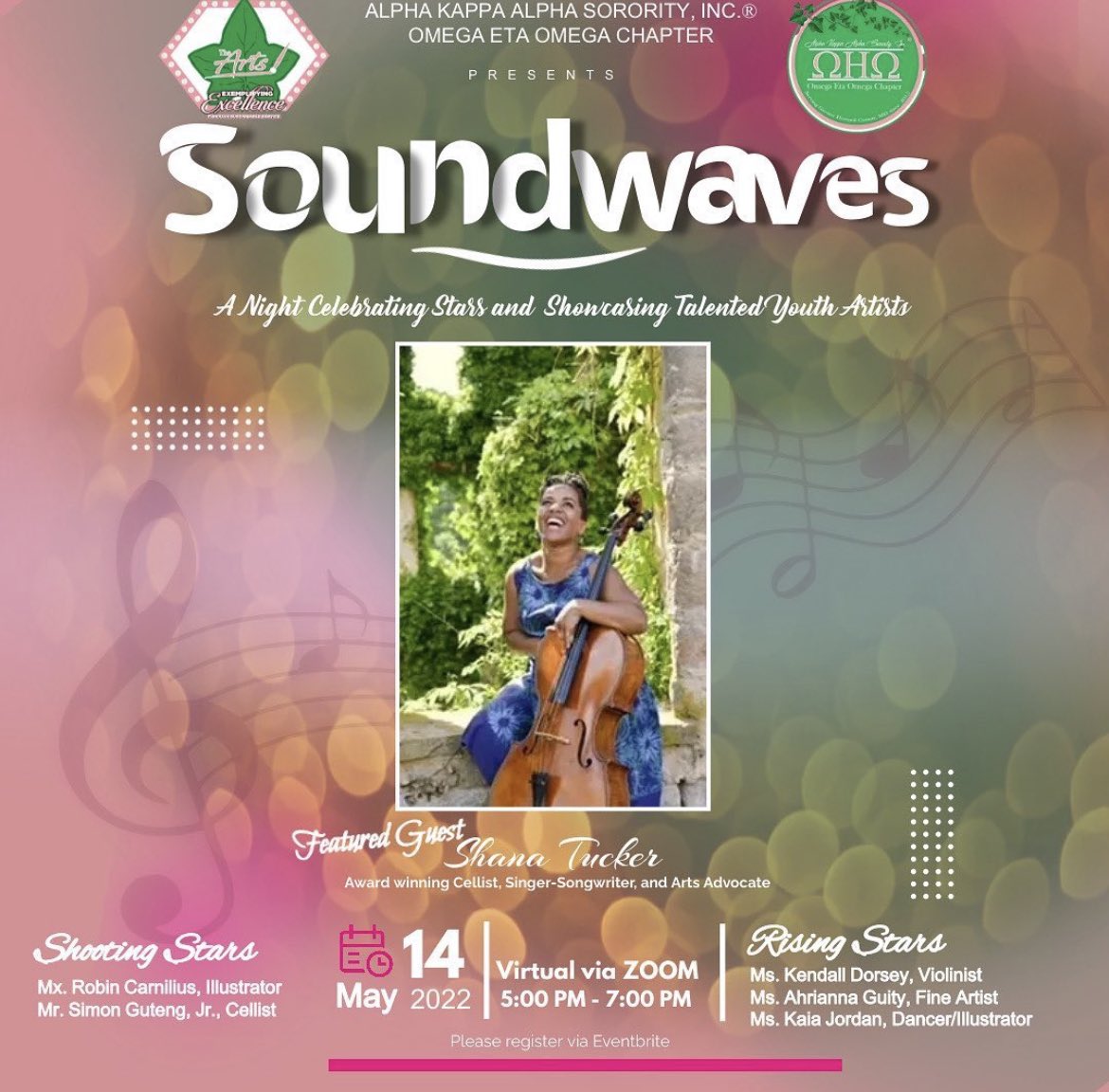 OEOAKA's tweet photo. Soundwaves 2022: A Night Celebrating Stars &amp; Showcasing Talented Youth Artist #Target4 #TheArts #AKA1908 #AlphaKappaAlpha #AlphaKappaAlphaSorority #AKASorority1908 #AKASorority #GreaterHowardCounty #HowardCounty #OmegaEtaOmega  #AKAOHO #ΩΗΩ #EventBrite #VirtualEvent https://t.co/2Cif6UZYtg