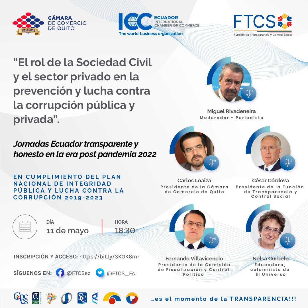 #CCQWebinar

¡La lucha contra la corrupción es tarea de todos! 

Acompáñanos en este espacio de análisis donde conocerás cómo aportar a un Ecuador transparente desde todos los escenarios.

Regístrate y participa 👇

📅 Miércoles 11 de Mayo
⏰ 18:30
🔗 bit.ly/3wgdXir