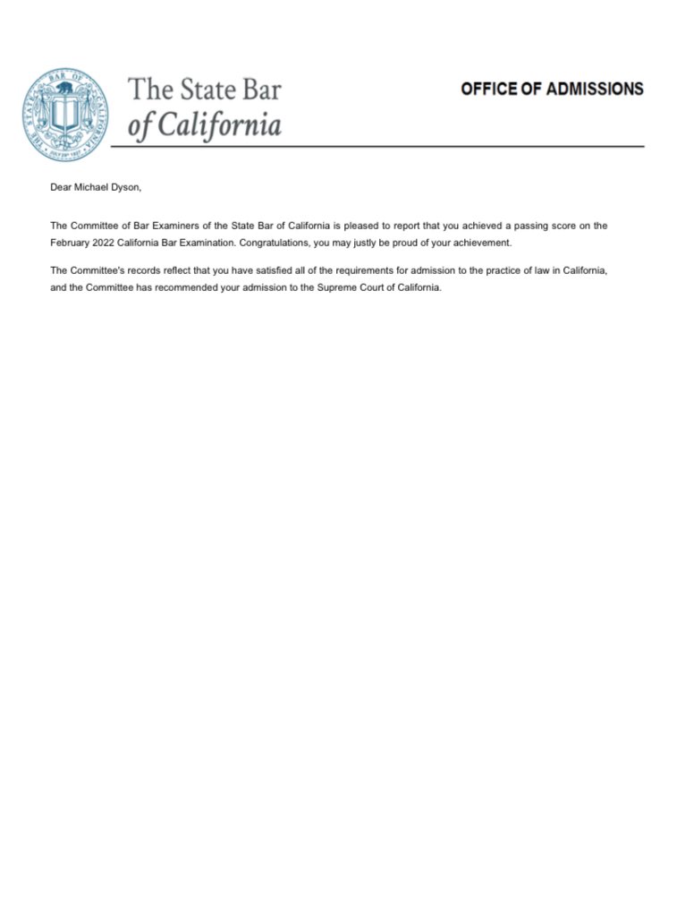 mdyson81's tweet photo. I passed the California bar exam so that’s good https://t.co/VrwOo1YTPg