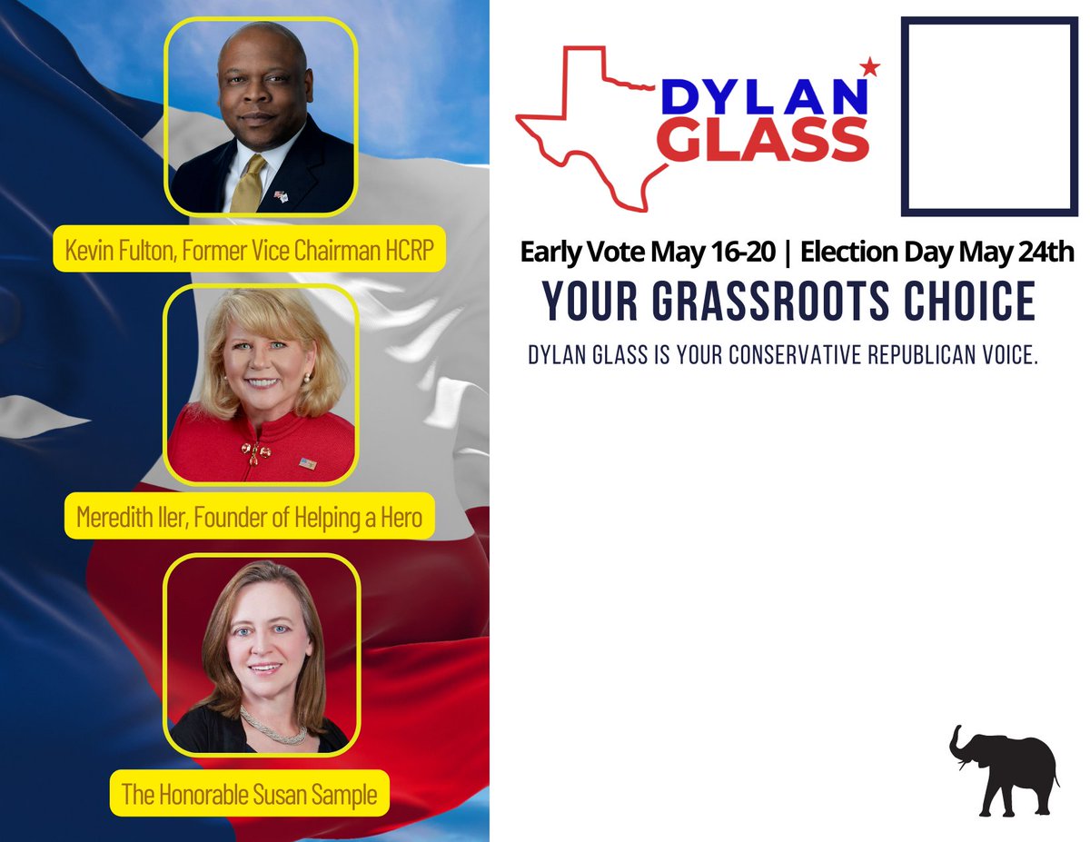 GlassDylanM's tweet image. Early vote for me on May 16-20 or cast your ballot for me on Election Day, May 24th. I will be active in the Party. I will listen and work with all factions. I will not miss votes. We can bridge our differences, unite, and together, we can work to #WinBackHarrisCounty. 🇺🇸🐘🇺🇸🐘🇺🇸
