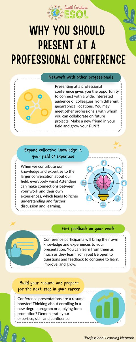 Here's an infographic on the benefits of presenting at a professional conference! What would you add? Tagging some of our favorite conference accounts! <a href="/CarolinaTesol/">Carolina TESOL</a> <a href="/SCarolinaMLLs/">Susan Murphy</a> <a href="/WIDA_UW/">WIDA™</a> <a href="/TESOL_Assn/">TESOL Intl Assn</a> <a href="/SIOPModel/">The SIOP® Model</a> @SCASCD <a href="/Seidlitz_Ed/">Seidlitz Education</a> <a href="/MABE_MI/">MABE</a>  <a href="/NYSTESOL/">NYS TESOL</a> #MLLSummit