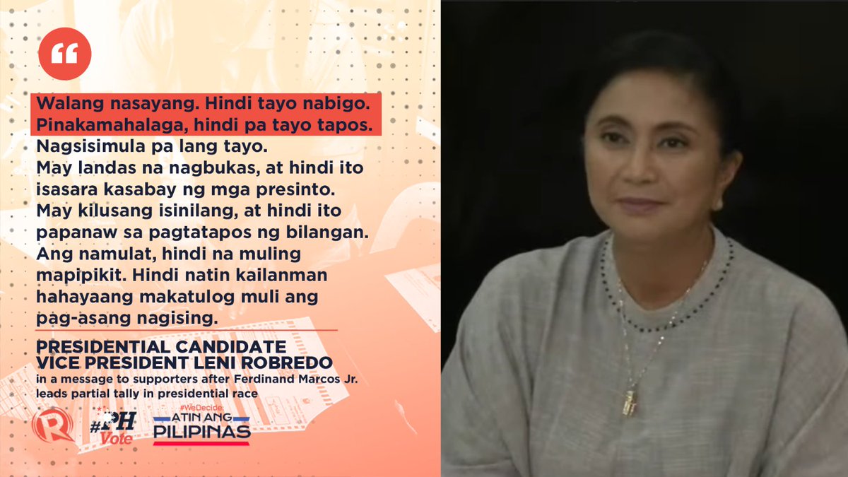 rapplerdotcom's tweet photo. Presidential candidate and Vice President Leni Robredo addresses her supporters after partial tally shows rival Ferdinand Marcos Jr. leading by a huge margin in the presidential race.

Robredo assures her supporters that the fight doesn’t end in the elections. #PHVote #WeDecide https://t.co/xGHZXQ7fmw