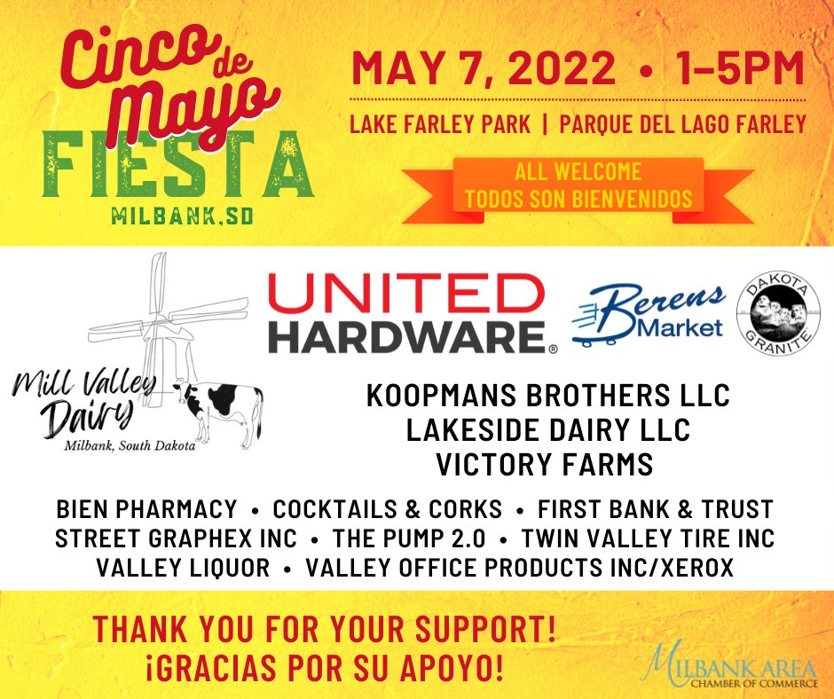 Thank you to all who came to our first Cinco de Mayo Fiesta! 🌮🍺🎉🎼💃
Thanks again to our sponsors and volunteers...but especially to Guadalupe's for helping us share the Hispanic culture with our community.
#milbanksd #milbankchamber #cincodemayo
