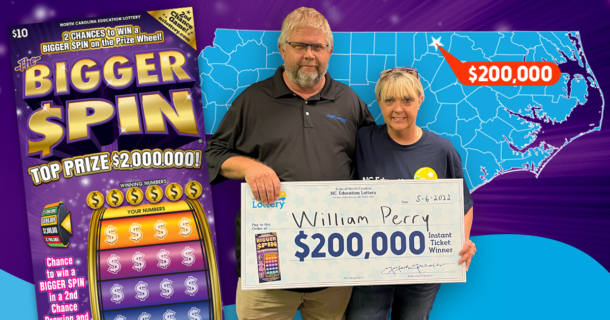 nclottery's tweet photo. William Perry of #Norlina said he and his wife “had to pinch each other to make sure it was real” after winning a $200,000 prize. Perry bought his Bigger Spin ticket from Kittrell Grocery on U.S. 1 South in #Kittrell. Congratulations, William! #NCLottery https://t.co/l4icmsRENq https://t.co/Mx2BXRfG4M