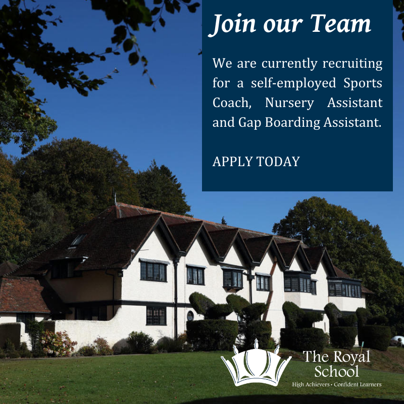Join our Team!

The Royal School currently has vacancies for a self-employed Sports Coach, Nursery Assistant and Gap Boarding Assistants. 

For more information on these opportunities, simply go to: royal-school.org/about-us/work-…

#TheRoyalSchool #EveryDayShapesAFuture