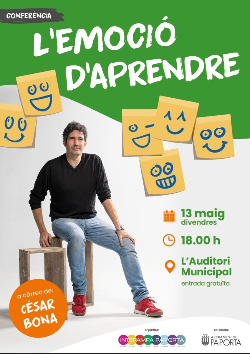interampaiporta's tweet photo. Os esperamos el viernes 13 de mayo a las 18 h en @Auditoripaiport en la coferencia de @cccesssarrr "La emoción de aprender" organizada por @interampaiporta con la colaboración de @Ajunt_Paiporta https://t.co/0DOQsdQKbe