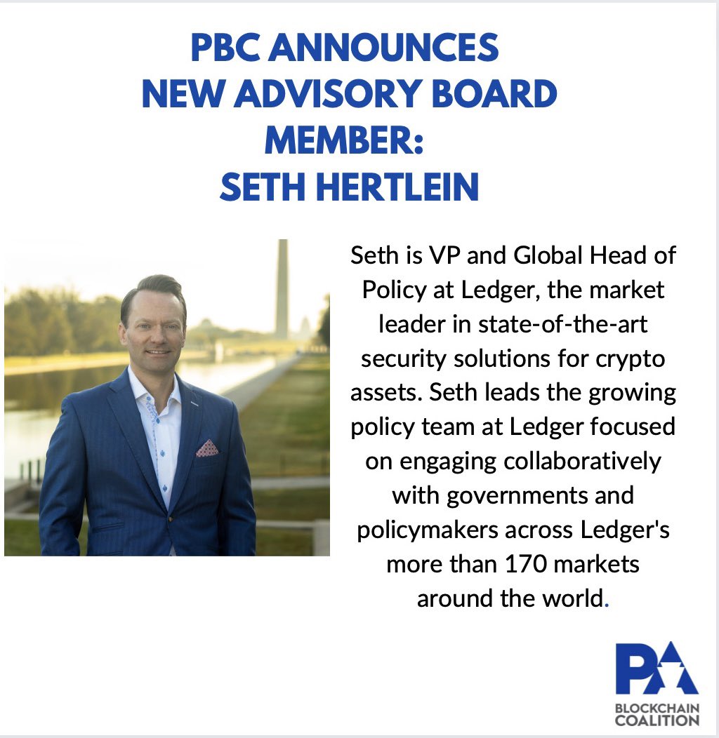 pa_blockchain's tweet image. Prior to joining Ledger, Seth was the Head of Policy &amp;amp; Government Relations at the Stellar Development Foundation, where he oversaw all aspects of SDF&apos;s engagement on digital asset policy, legislation, and regulation globally.