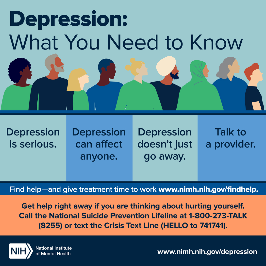 TigardTualSD's tweet photo. Everyone feels sad or low sometimes, but these feelings usually pass with a little time. Depression is different. Learn the different types of depression, signs and symptoms, how it is diagnosed, treatment options, and how to find help. https://t.co/f6WjISNra7 #shareNIMH https://t.co/hpeaYERbr0