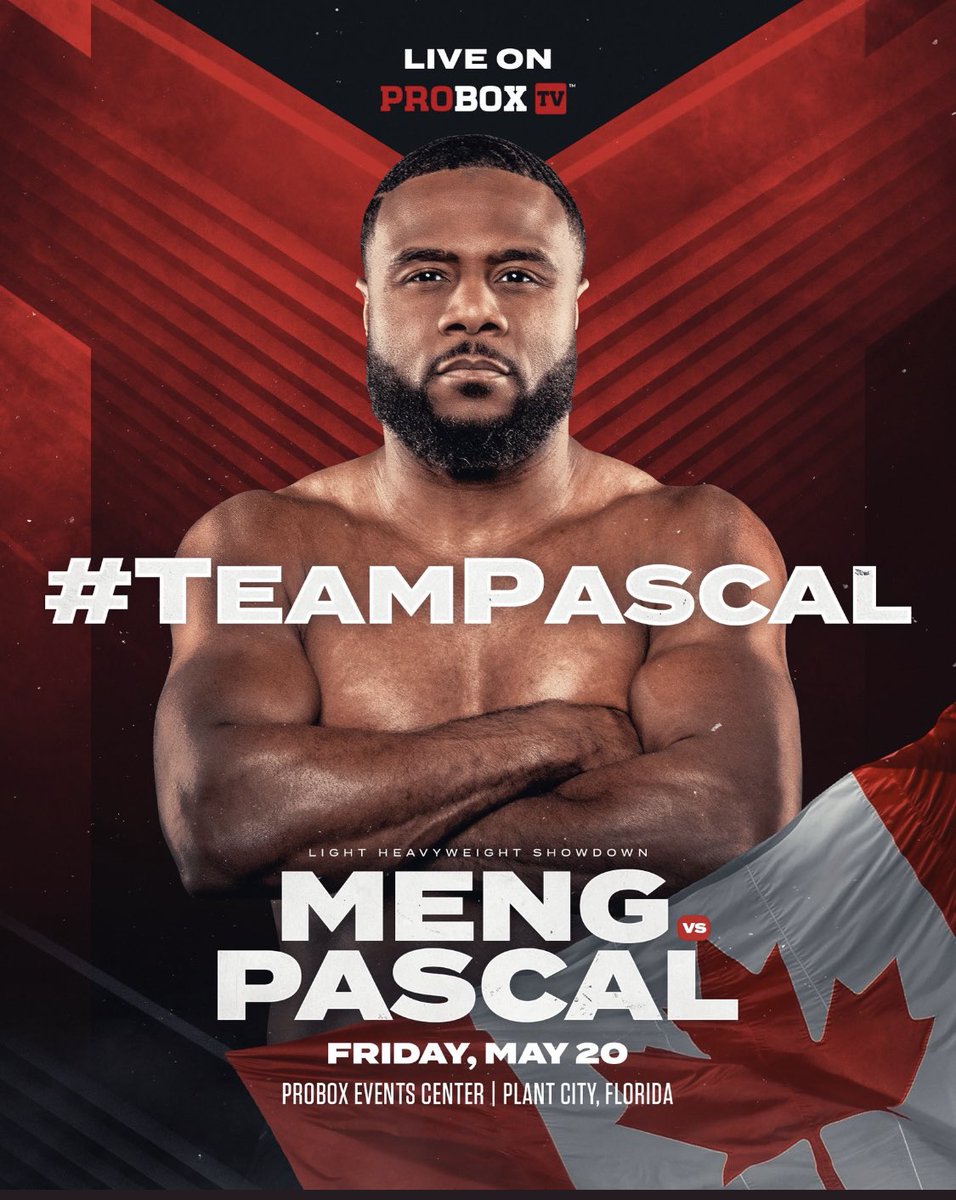 jeanpascalchamp's tweet photo. Meng Vs Pascal May20th. Are You Team Pascal? #jeanpascal #teampascal #pascalmeng #mengpascal  @ProBox_TV @PaulMalignaggi @Woodsy1069 @GoldieOnTV @AntonioTarver @RealRoyJonesJr https://t.co/eK5zfdM4Gm