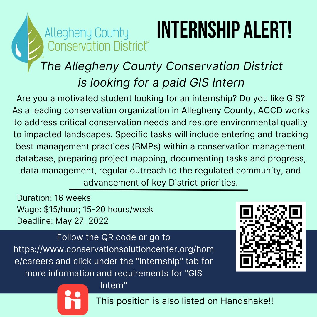 accareered's tweet photo. The Allegheny County Conservation District has two internship positions available for the summer/fall! If you like conservation organization and/or GIS work, then these internships are for YOU! Follow the QR code or go to https://t.co/tLVruNclNo to learn how to apply. https://t.co/0tlWAp88eZ