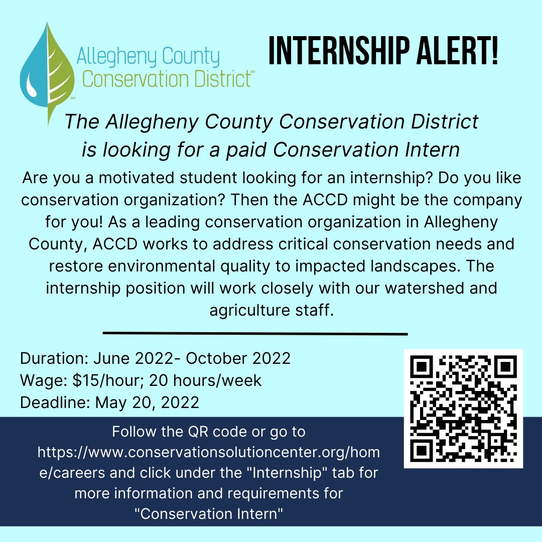 accareered's tweet photo. The Allegheny County Conservation District has two internship positions available for the summer/fall! If you like conservation organization and/or GIS work, then these internships are for YOU! Follow the QR code or go to https://t.co/tLVruNclNo to learn how to apply. https://t.co/0tlWAp88eZ