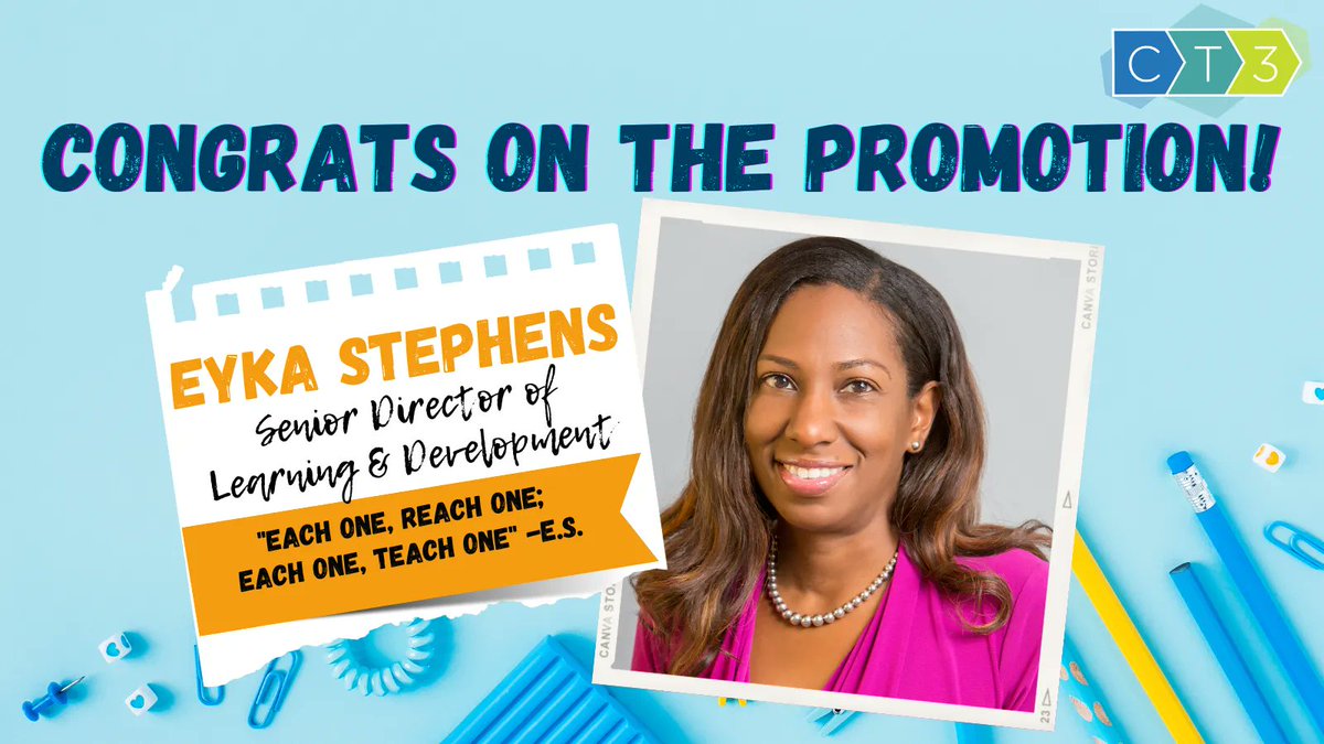 CT3Education's tweet photo. Congrats to Eyka Stephens on becoming Senior Director of Learning & Development! We know you'll help us reach more students & deepen our program impact.
Read about all of the promotions here: https://t.co/hHCvGAIRVk
#team #promotingfromwithin #CT3Ed #MakeItHappenMonday https://t.co/hgDtntOAsP