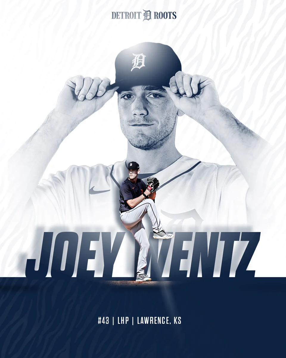 Stylized graphic of man holding brim of Detroit Tigers cap with both hands in background and cutout of left-handed pitcher in blue jersey top. Text reads JOEY WENTZ, number 43, left-handed pitcher, Lawrence, Kansas.