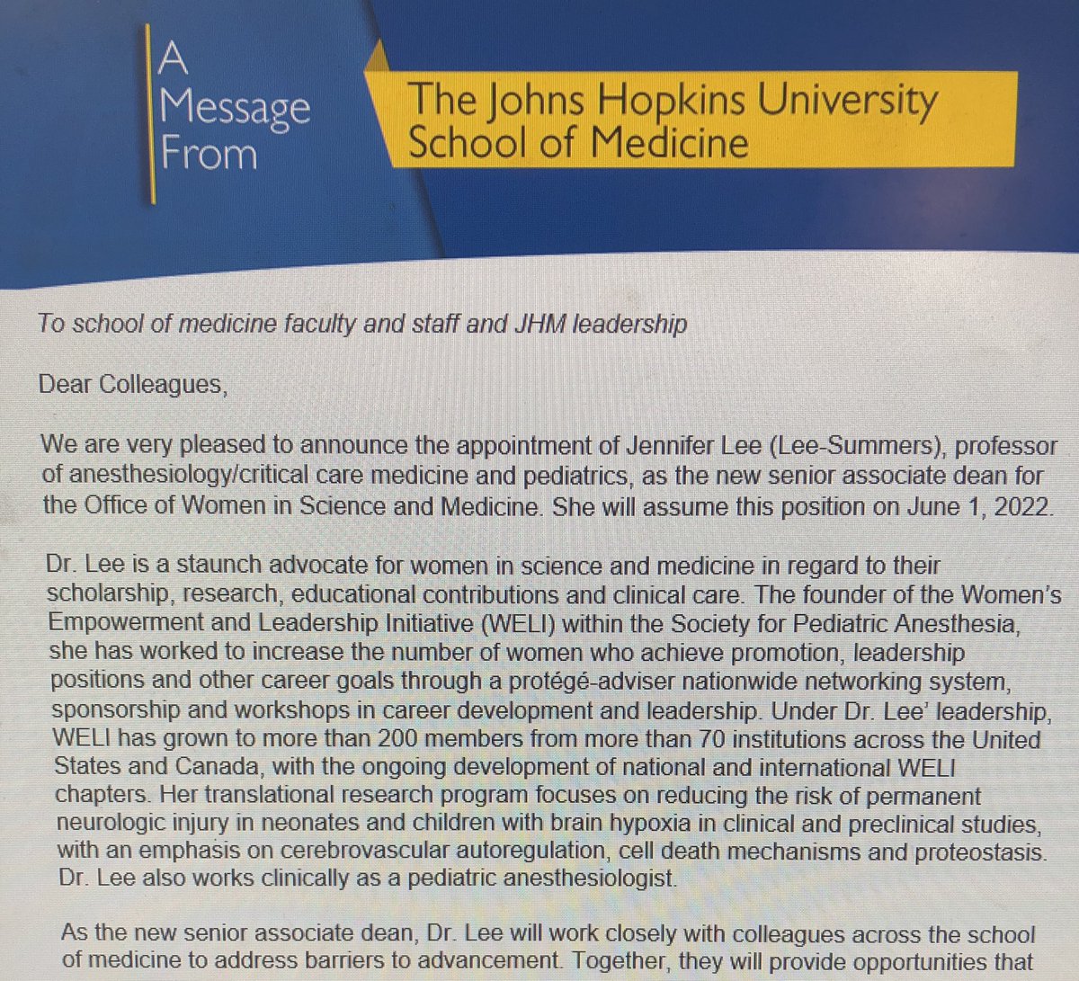 Jennifer Lee (Lee-Summers), MD (@jenleemd) on Twitter photo Thank you to the people who advised me and paved the way. I am thrilled to be the next Senior Associate Dean for the Johns Hopkins Office of Women in Science and Medicine. Looking forward to supporting our faculty! <a href="/SPA_WELI/">SPA WELI</a> <a href="/HopkinsACCM/">Johns Hopkins ACCM</a> <a href="/HopkinsMedicine/">Johns Hopkins Medicine</a> #OWISM Thank you to the people who advised me and paved the way. I am thrilled to be the next Senior Associate Dean for the Johns Hopkins Office of Women in Science and Medicine. Looking forward to supporting our faculty! <a href="/SPA_WELI/">SPA WELI</a> <a href="/HopkinsACCM/">Johns Hopkins ACCM</a> <a href="/HopkinsMedicine/">Johns Hopkins Medicine</a> #OWISM