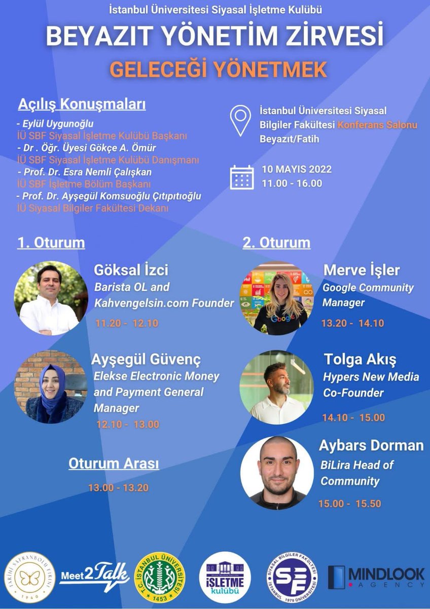 Merhaba arkadaşlar! Beyazıt Yönetim Zirvesi için artık son gün… Yarın “Geleceği Yönetmek” konseptimizle değerli konuklarımızı Siyasal Bilgiler Fakültesi Konferans salonunda ağırlıyoruz. Çok heyecanlıyız, hepinizi bekliyoruz🙌🏼

Kayıt yaptırmak için: forms.gle/Eg1Q9HvPjEZvJs…