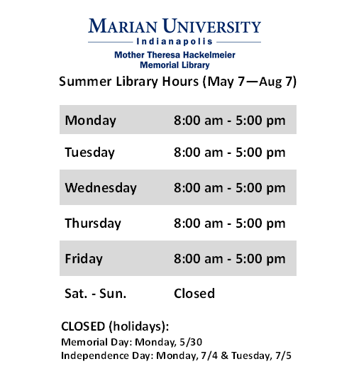 Summer library hours

Monday - Friday, 8 a.m. to 5 p.m.
Saturday - Sunday, Closed