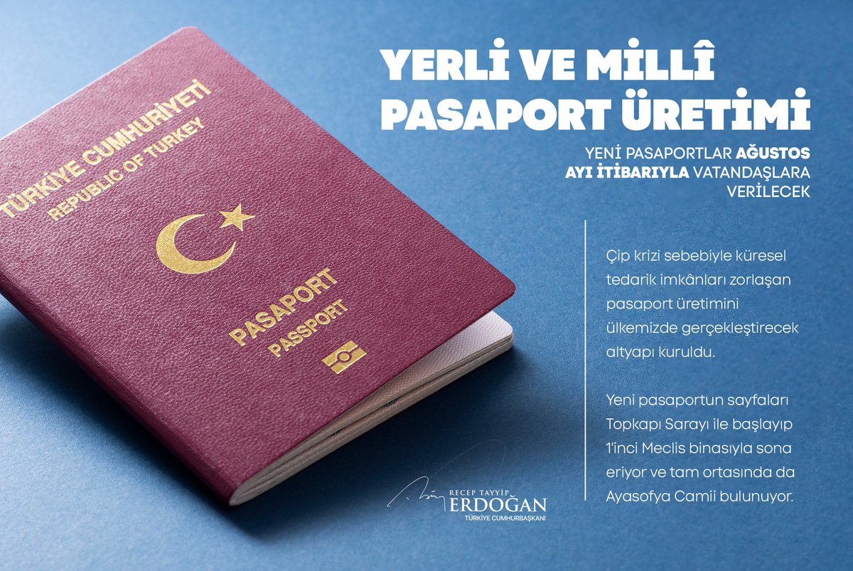 Çip krizi sebebiyle küresel tedarik imkânları zorlaşan pasaport üretimini ülkemizde gerçekleştirecek altyapıyı kurduk.

Ağustos ayı itibarıyla vatandaşlarımıza verilmeye başlanacak yeni pasaportumuzun ülkemize hayırlı olmasını diliyorum.