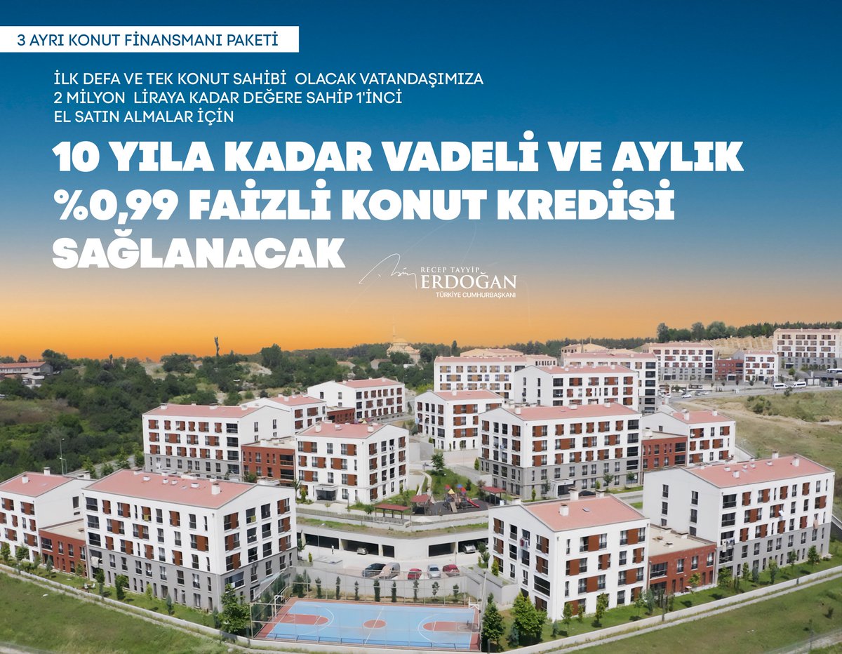 RTErdogan's tweet photo. İlk defa ve tek konut sahibi olacak vatandaşımıza, 2 milyon liraya kadar değere sahip birinci el satın almalar için 10 yıla kadar vadeli ve aylık %0,99 faizli konut kredisi sağlıyoruz. https://t.co/frcNJ6uKut