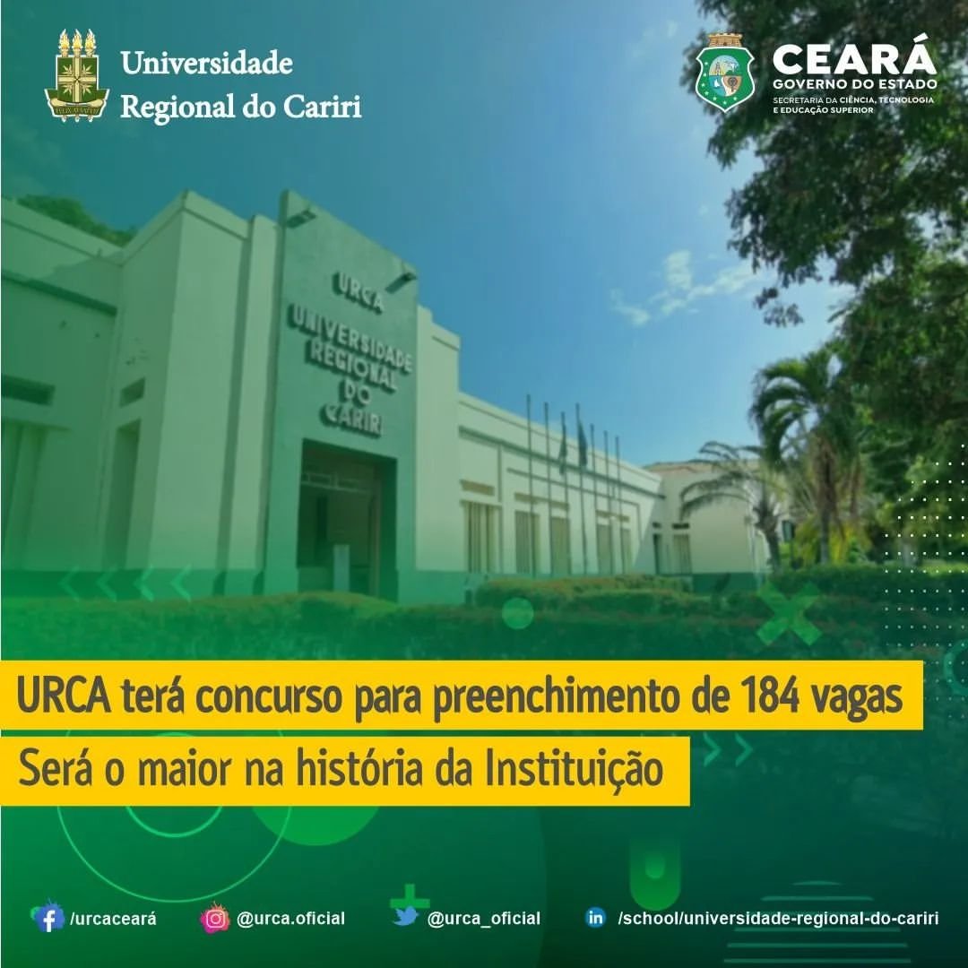 As inscrições para o concurso da Universidade Regional do Cariri (URCA), poderão ser realizadas a partir dos 30 dias corridos da data de publicação do edital no Diário Oficial, e acontecerão através do site da URCA, através do urca.br/portal2.