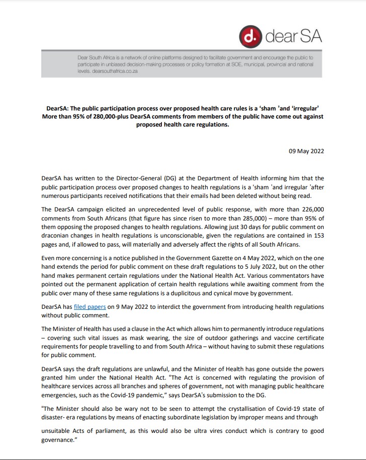 DearSA_national's tweet photo. ❗️Media Statement❗️
DearSA: The public participation process over proposed health care rules is a ‘sham’ and ‘irregular’ More than 95% of 280,000-plus DearSA comments from members of the public have come out against proposed health care regulations.

09 May 2022 https://t.co/Oeefj21aq0