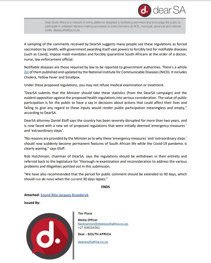 DearSA_national's tweet photo. ❗️Media Statement❗️
DearSA: The public participation process over proposed health care rules is a ‘sham’ and ‘irregular’ More than 95% of 280,000-plus DearSA comments from members of the public have come out against proposed health care regulations.

09 May 2022 https://t.co/Oeefj21aq0