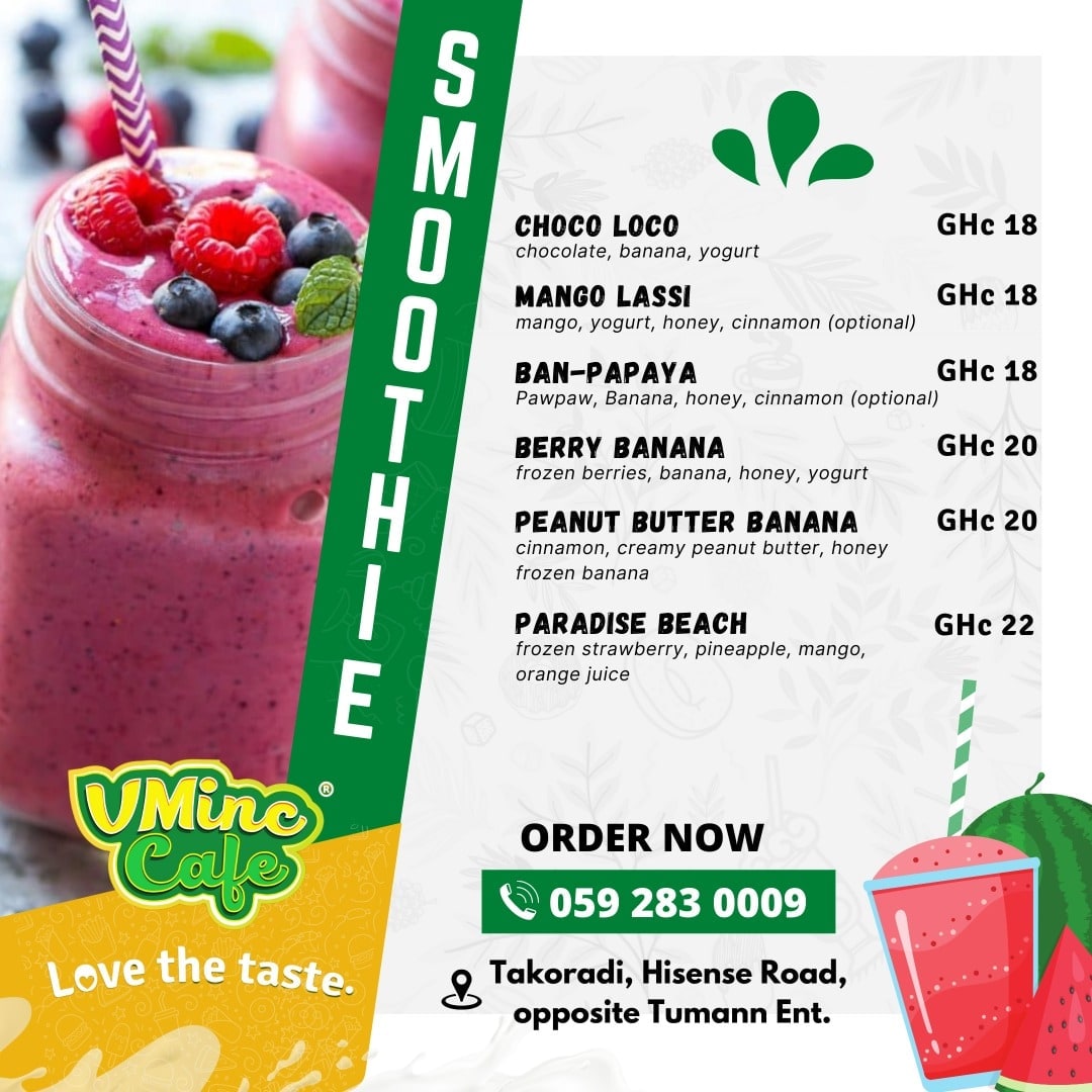 _vmincafe's tweet photo. Our Smoothie Menu
Located in #Takoradi 
#Snack Shop #FastFood #LoveTheTaste https://t.co/kVPhUjFjiM